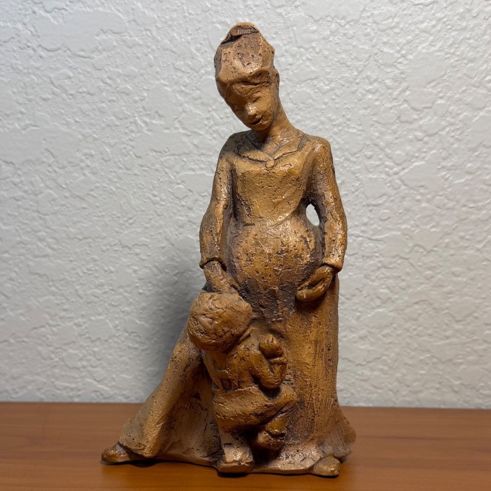 Vintage Mother and Child Figurine Rustic Terracotta Tone Sculpture 8.5"